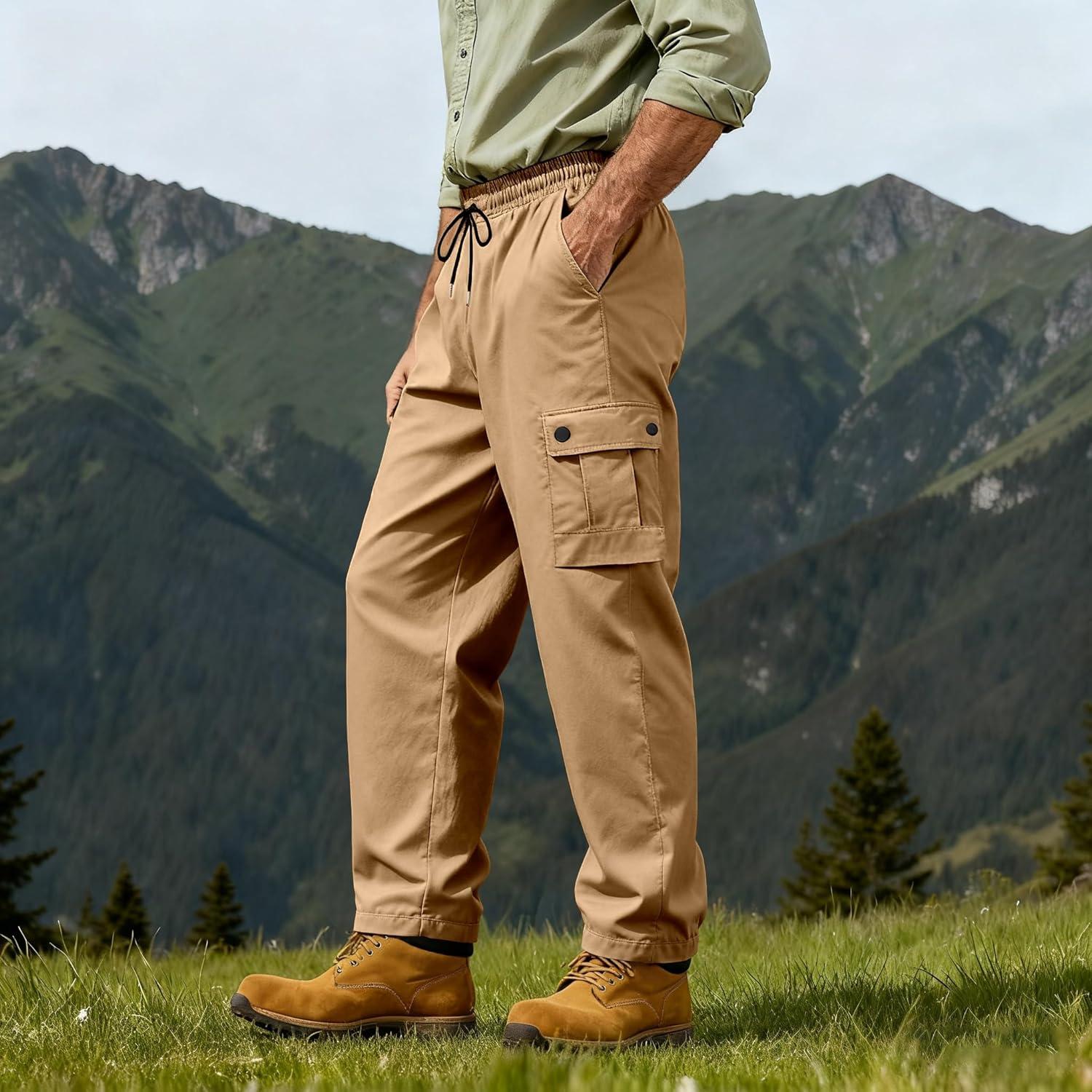 imageMens Casual Cargo Pants Workout Joggers Sweatpants Waist Drawstring Hiking Tactical Pants with Multi PocketsKhaki