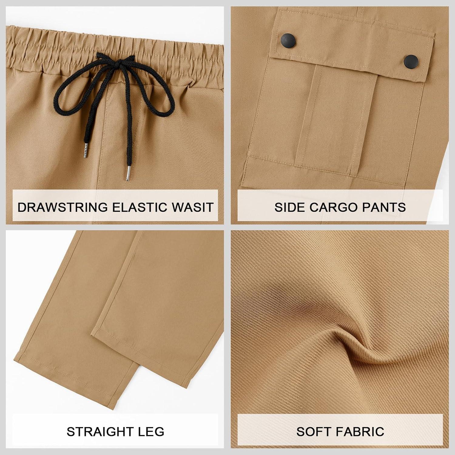 imageMens Casual Cargo Pants Workout Joggers Sweatpants Waist Drawstring Hiking Tactical Pants with Multi PocketsKhaki