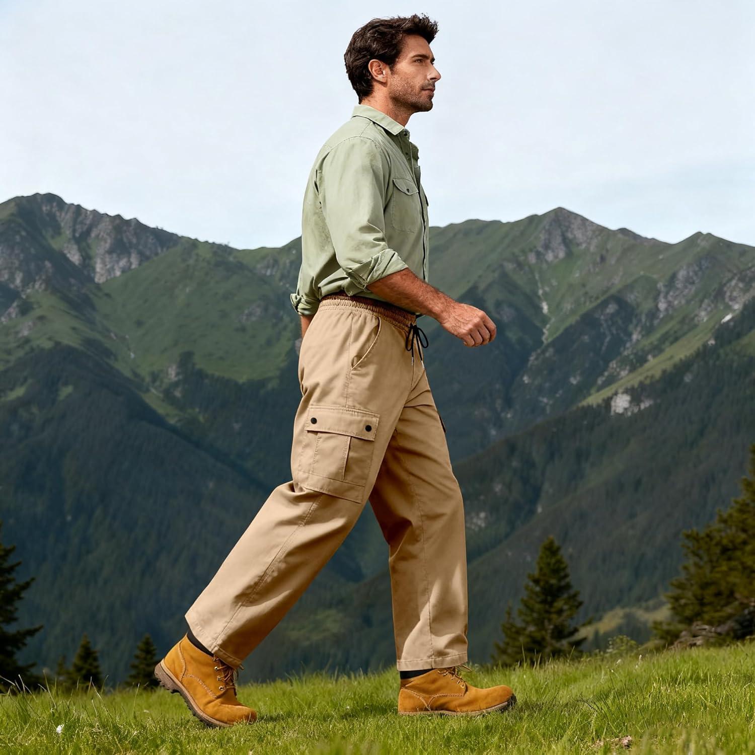 imageMens Casual Cargo Pants Workout Joggers Sweatpants Waist Drawstring Hiking Tactical Pants with Multi PocketsKhaki