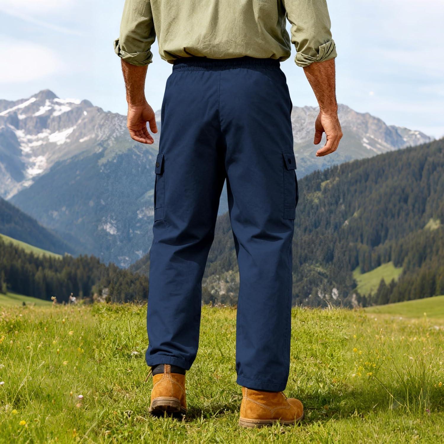 imageMens Casual Cargo Pants Workout Joggers Sweatpants Waist Drawstring Hiking Tactical Pants with Multi PocketsNavy Blue