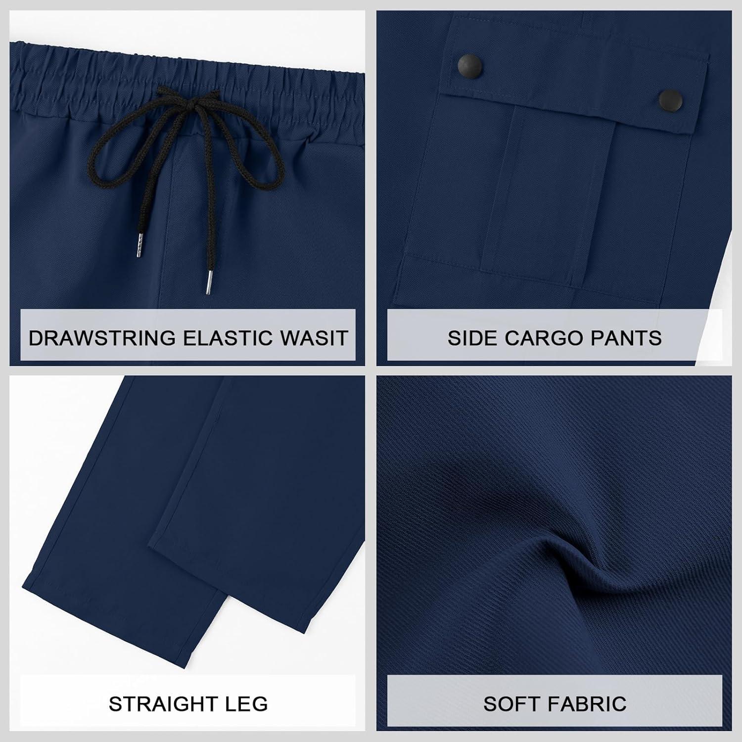 imageMens Casual Cargo Pants Workout Joggers Sweatpants Waist Drawstring Hiking Tactical Pants with Multi PocketsNavy Blue