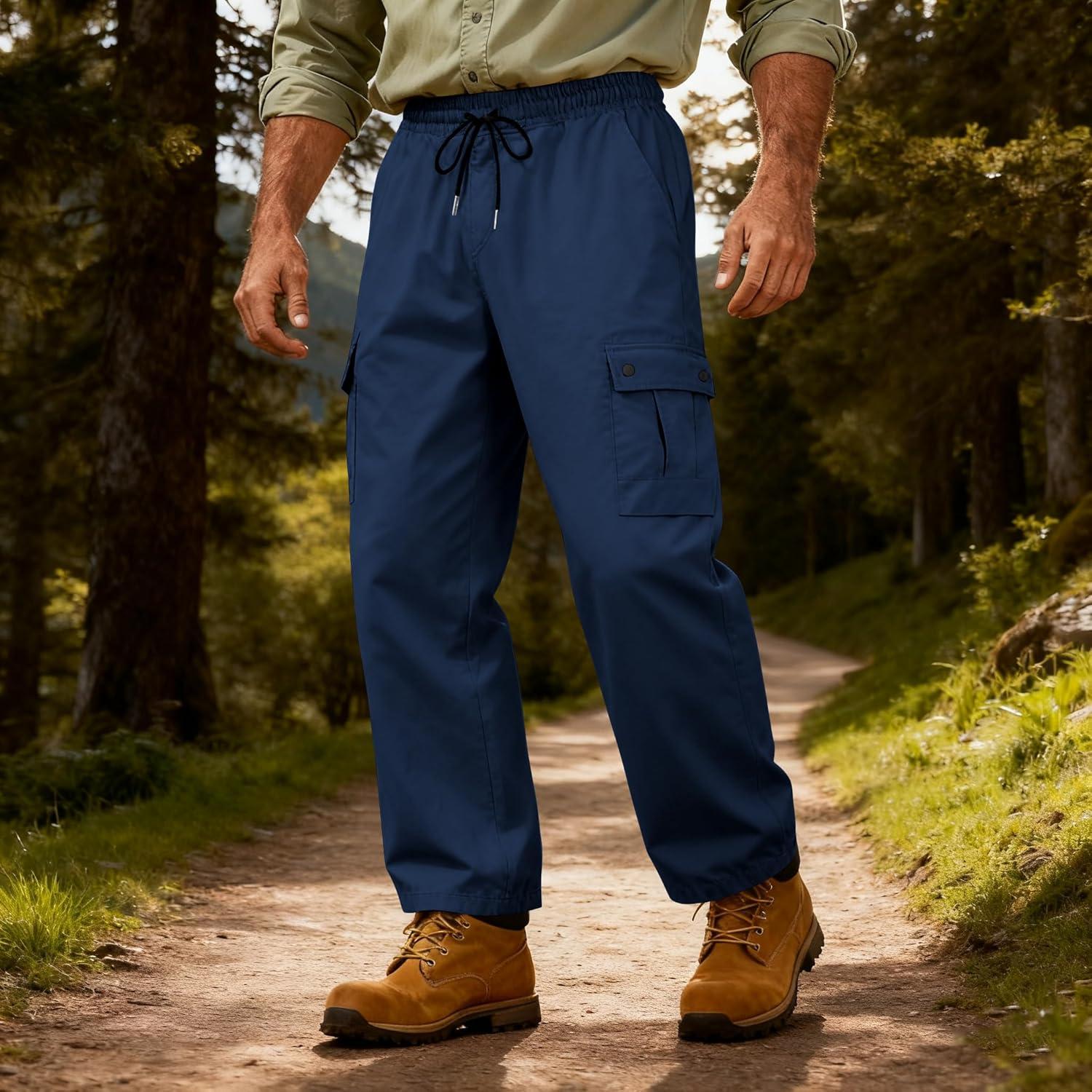 imageMens Casual Cargo Pants Workout Joggers Sweatpants Waist Drawstring Hiking Tactical Pants with Multi PocketsNavy Blue