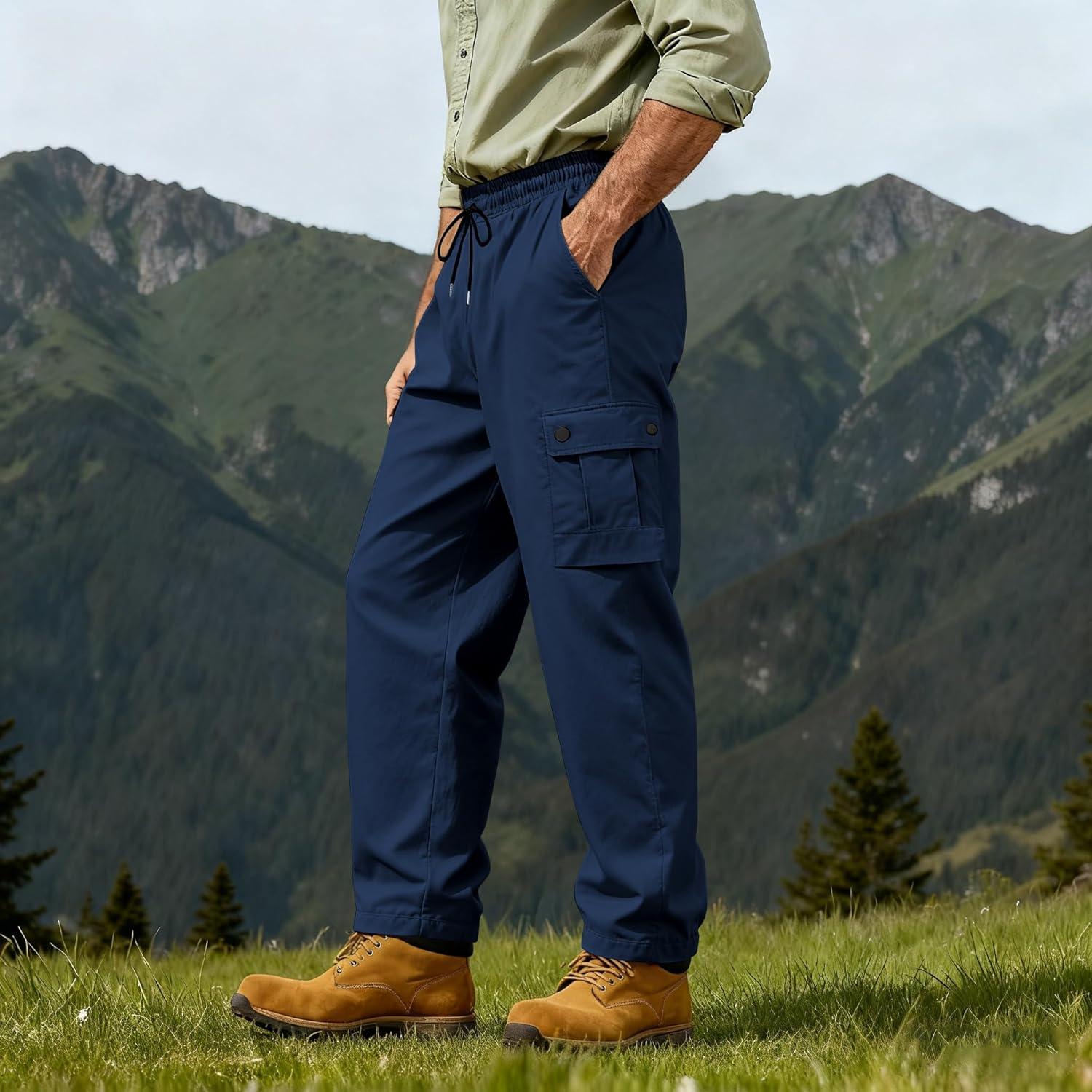 imageMens Casual Cargo Pants Workout Joggers Sweatpants Waist Drawstring Hiking Tactical Pants with Multi PocketsNavy Blue