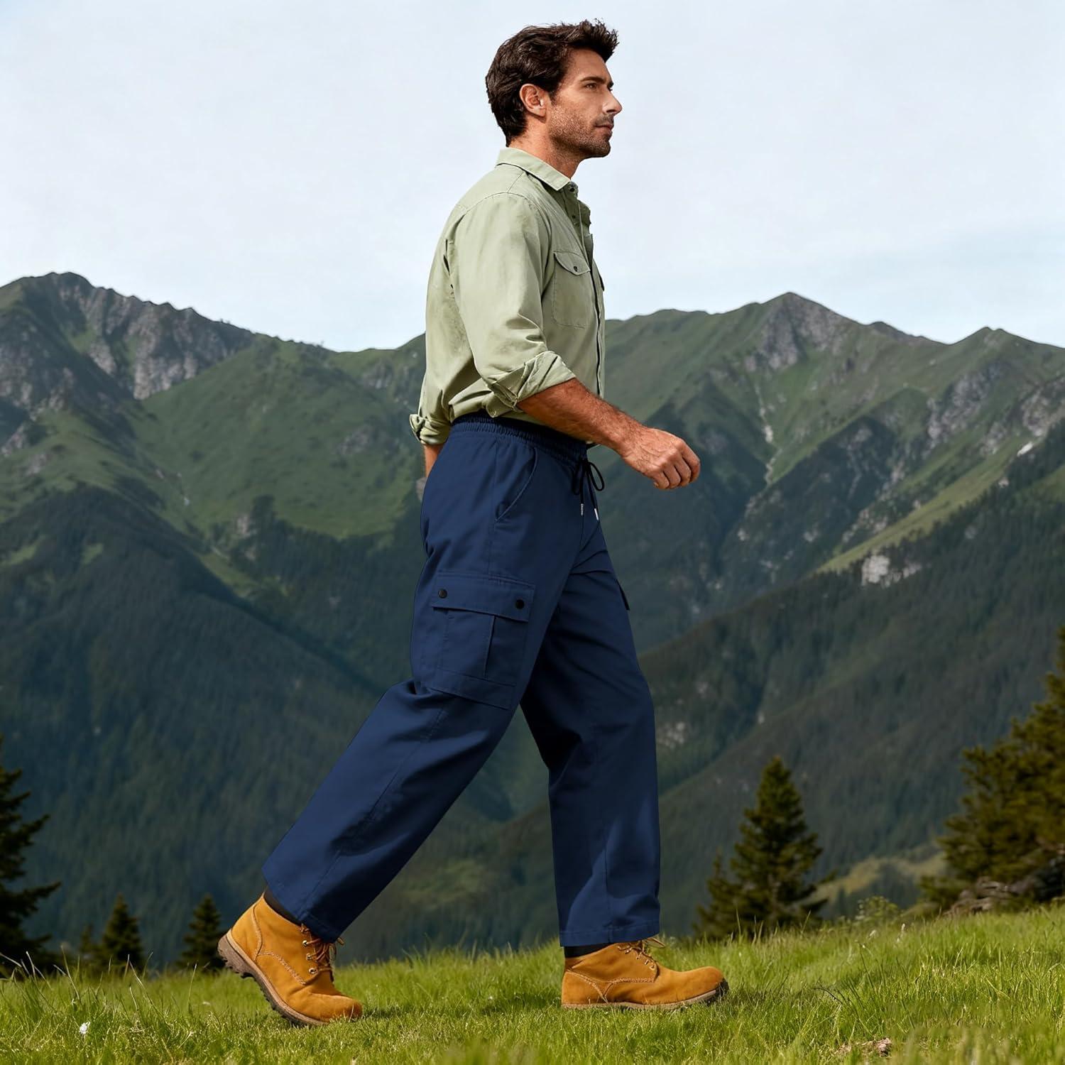 imageMens Casual Cargo Pants Workout Joggers Sweatpants Waist Drawstring Hiking Tactical Pants with Multi PocketsNavy Blue