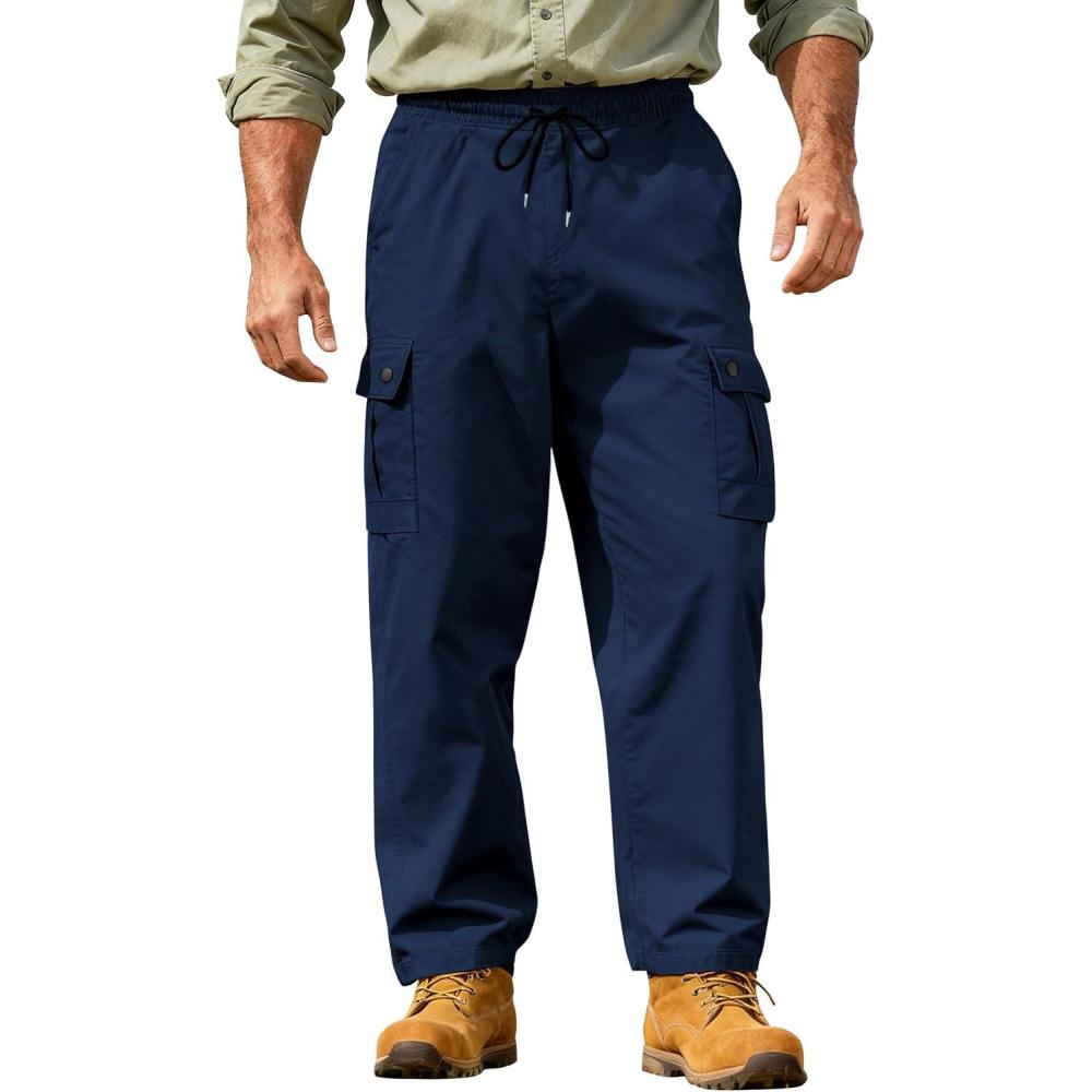 imageMens Casual Cargo Pants Workout Joggers Sweatpants Waist Drawstring Hiking Tactical Pants with Multi PocketsNavy Blue