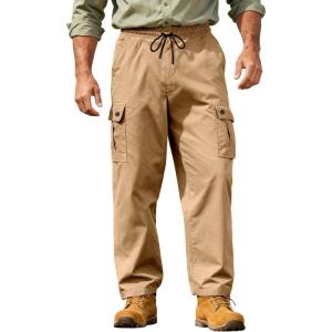 Men’s Casual Cargo Pants Workout Joggers Sweatpants Waist Drawstring Hiking Tactical Pants with Multi Pockets(Khaki)