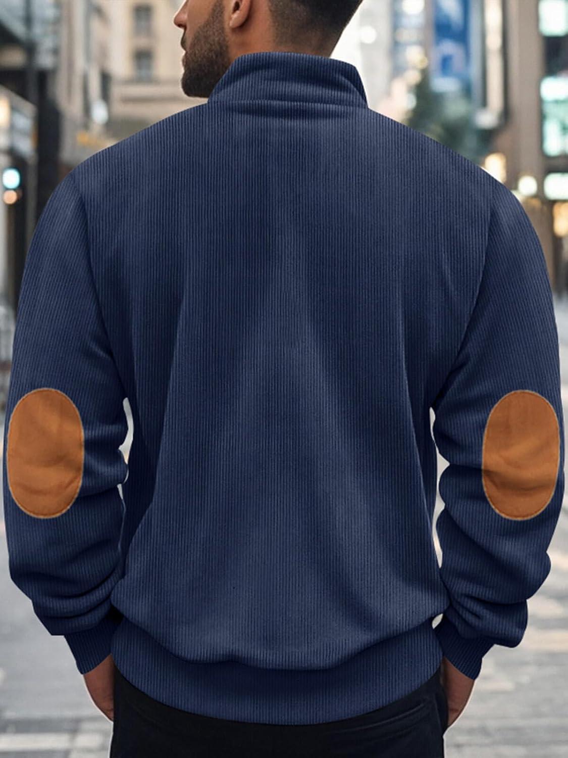 imageMens Quarter Zipper Pullover Corduroy Sweatshirts Casual Stand Collar Long Sleeve Knit Top Outdoor Sweater