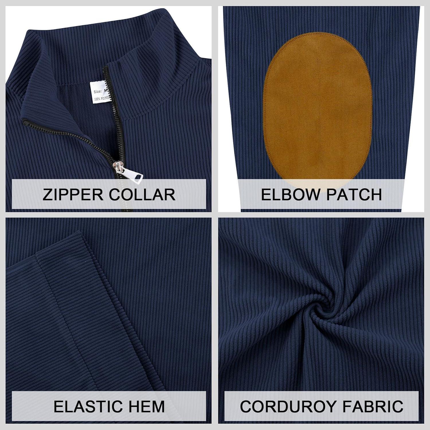 imageMens Quarter Zipper Pullover Corduroy Sweatshirts Casual Stand Collar Long Sleeve Knit Top Outdoor Sweater