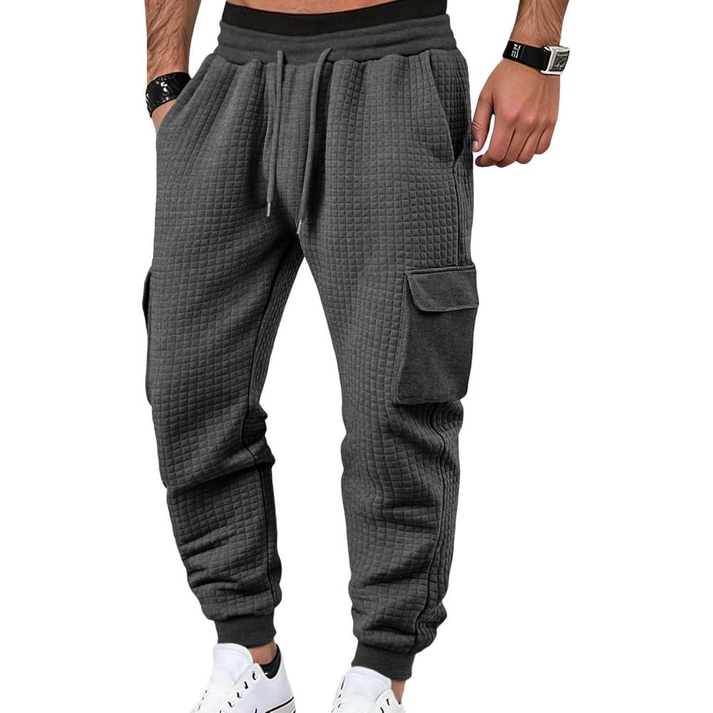 imageMens Sweatpants Warm Waffle Elastic Waist Drawstring Jogger Sweatpants with PocketsDark Gray