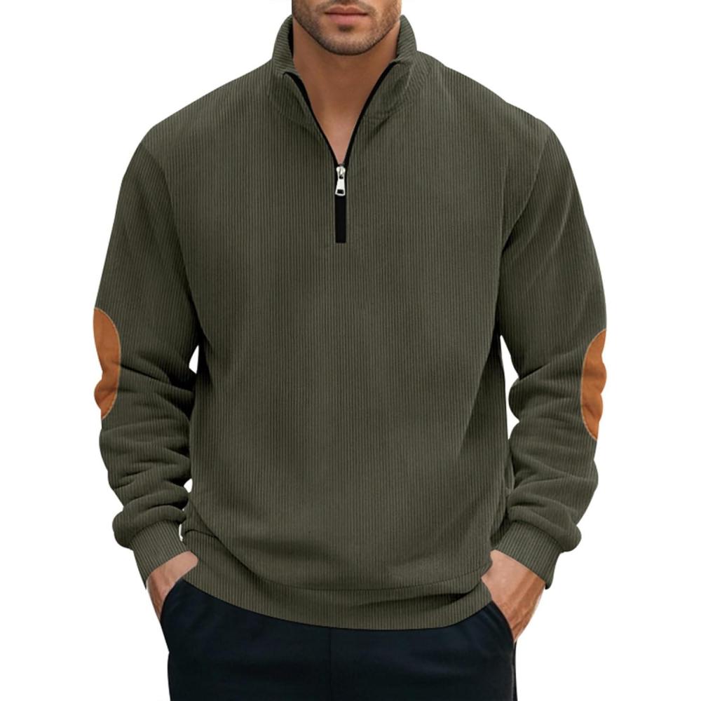 imageMens Quarter Zipper Pullover Corduroy Crew Neck Sweatshirt Spring Autumn Casual Knit Long Sleeve Polo ShirtArmy Green