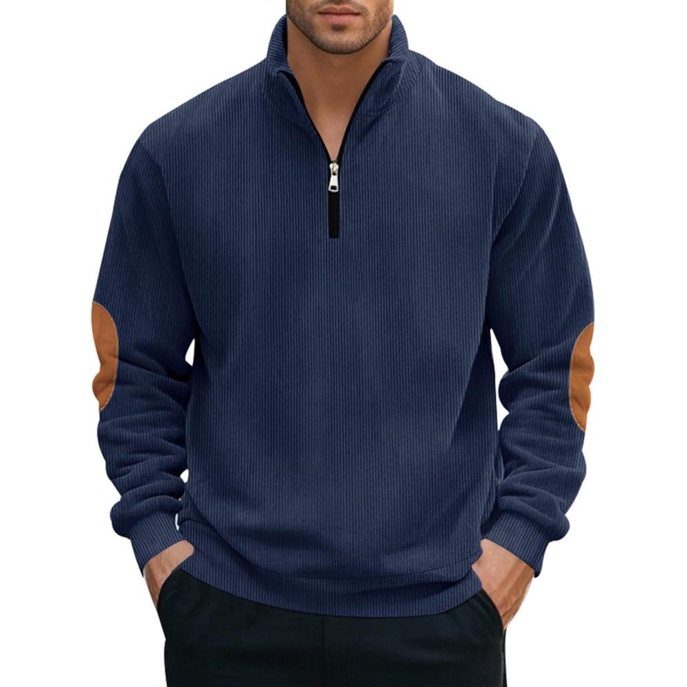 imageMens Quarter Zipper Pullover Corduroy Crew Neck Sweatshirt Spring Autumn Casual Knit Long Sleeve Polo ShirtNavy