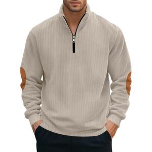 Men’s Quarter Zipper Pullover Corduroy Crew Neck Sweatshirt Spring Autumn Casual Knit Long Sleeve Polo Shirt(Apricot)