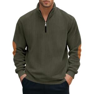 Men’s Quarter Zipper Pullover Corduroy Crew Neck Sweatshirt Spring Autumn Casual Knit Long Sleeve Polo Shirt(Army Green)