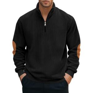 Men’s Quarter Zipper Pullover Corduroy Crew Neck Sweatshirt Spring Autumn Casual Knit Long Sleeve Polo Shirt(Black)