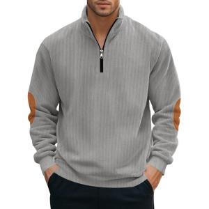 Men’s Quarter Zipper Pullover Corduroy Crew Neck Sweatshirt Spring Autumn Casual Knit Long Sleeve Polo Shirt(Grey)