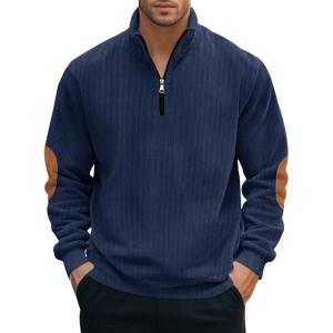 Men’s Quarter Zipper Pullover Corduroy Crew Neck Sweatshirt Spring Autumn Casual Knit Long Sleeve Polo Shirt(Navy)