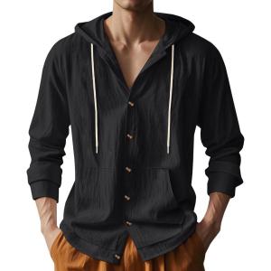 Mens Linen Long Sleeve Button Down Shirts with Pockets Casual Hawaiian Beach Shirts Lightweight Fashion Hoodies(Black)