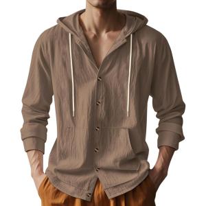 Mens Linen Long Sleeve Button Down Shirts with Pockets Casual Hawaiian Beach Shirts Lightweight Fashion Hoodies(Brown)