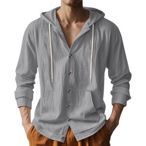 Mens Linen Long Sleeve Button Down Shirts with Pockets Casual Hawaiian Beach Shirts Lightweight Fashion Hoodies(Grey)