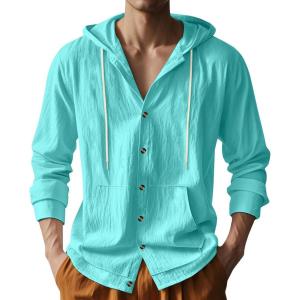 Mens Linen Long Sleeve Button Down Shirts with Pockets Casual Hawaiian Beach Shirts Lightweight Fashion Hoodies(Lake Blue)