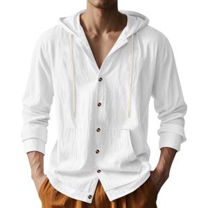 Mens Linen Long Sleeve Button Down Shirts with Pockets Casual Hawaiian Beach Shirts Lightweight Fashion Hoodies(White)