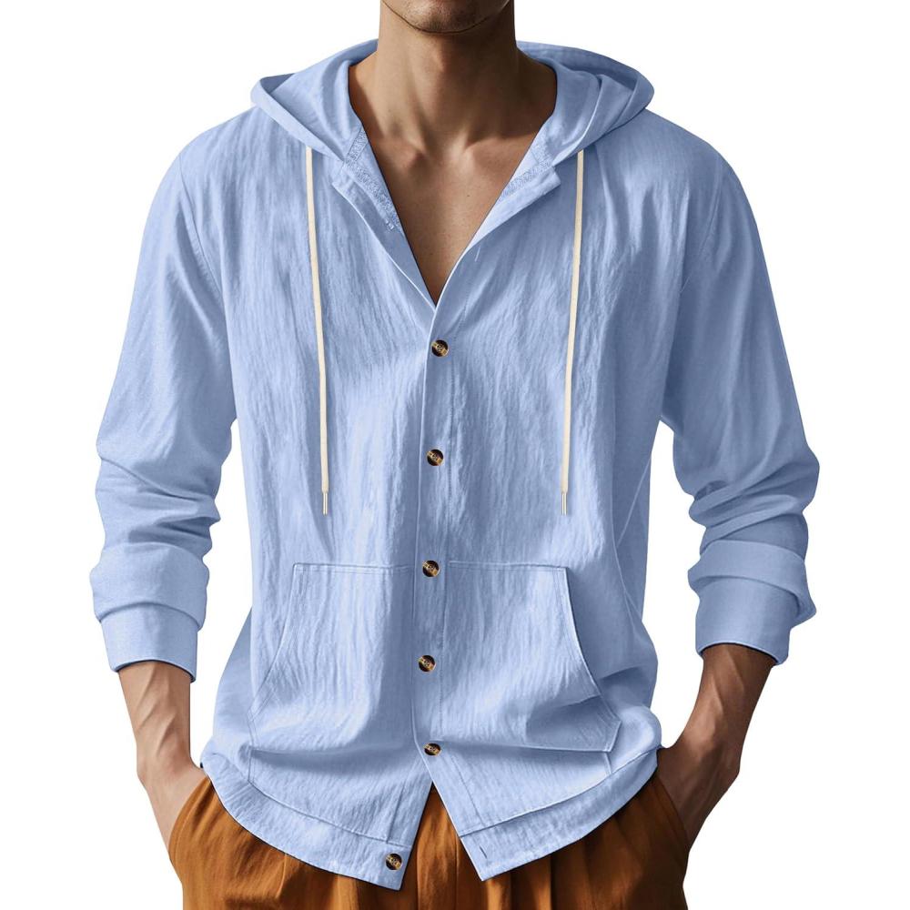 imageMens Linen Long Sleeve Button Down Shirts with Pockets Casual Hawaiian Beach Shirts Lightweight Fashion Hoodies