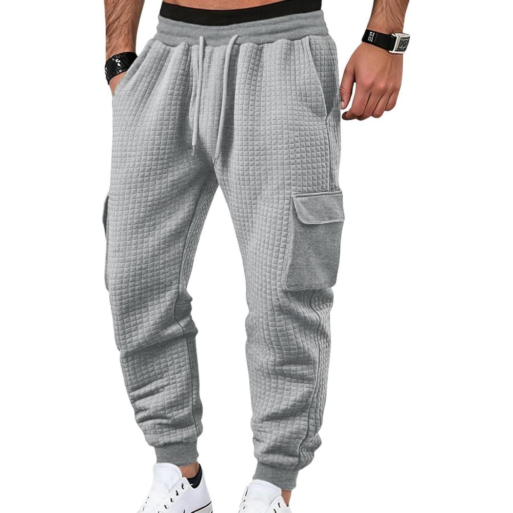 imageMens Sweatpants Waffle Knit Pants Elastic Waist Drawstring Jogger Sweatpants with PocketsGrey