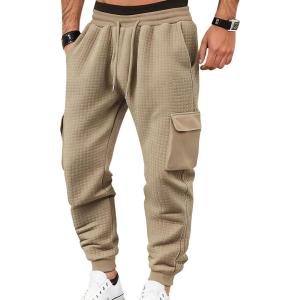 Mens Sweatpants Waffle Knit Pants Elastic Waist Drawstring Jogger Sweatpants with Pockets(Khaki)