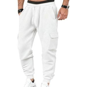 Mens Sweatpants Waffle Knit Pants Elastic Waist Drawstring Jogger Sweatpants with Pockets(White)
