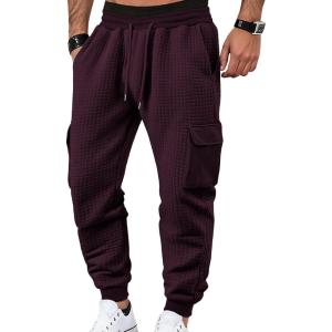 Mens Sweatpants Waffle Knit Pants Elastic Waist Drawstring Jogger Sweatpants with Pockets(Wine Red)