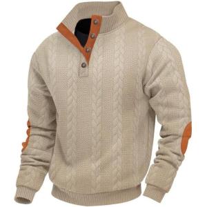 Men’s Block Striped Sweatshirt Casual Outdoor Long Sleeve Stand Collar Pullover Sweatshirt Button Quarter Sweater(Khaki-2)