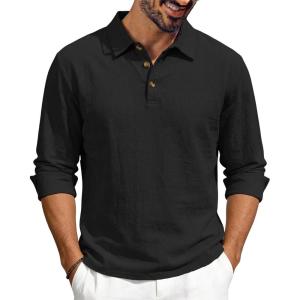 Men’s Linen Polo Shirts Long Sleeve Yoga Tops Casual Summer Hippie Beach T-Shirts(Black)
