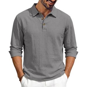 Men’s Linen Polo Shirts Long Sleeve Yoga Tops Casual Summer Hippie Beach T-Shirts(Grey)