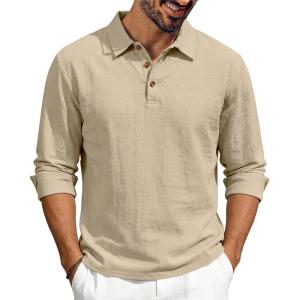 Men’s Linen Polo Shirts Long Sleeve Yoga Tops Casual Summer Hippie Beach T-Shirts(Kahaki)