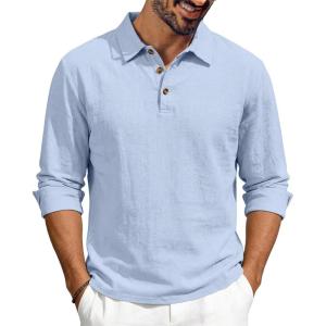 Men’s Linen Polo Shirts Long Sleeve Yoga Tops Casual Summer Hippie Beach T-Shirts(Light Blue)