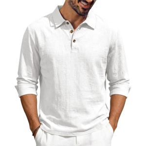 Men’s Linen Polo Shirts Long Sleeve Yoga Tops Casual Summer Hippie Beach T-Shirts(White)