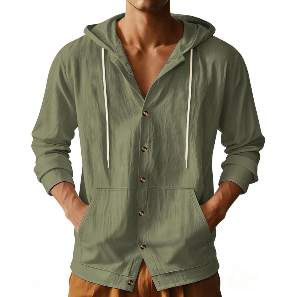 image:imageTAFLE Mens Cotton Linen Long Sleeve Button Down Shirts with Pockets Casual Hawaiian Beach Shirts Lightweight Fashion HoodiesArmy Green
