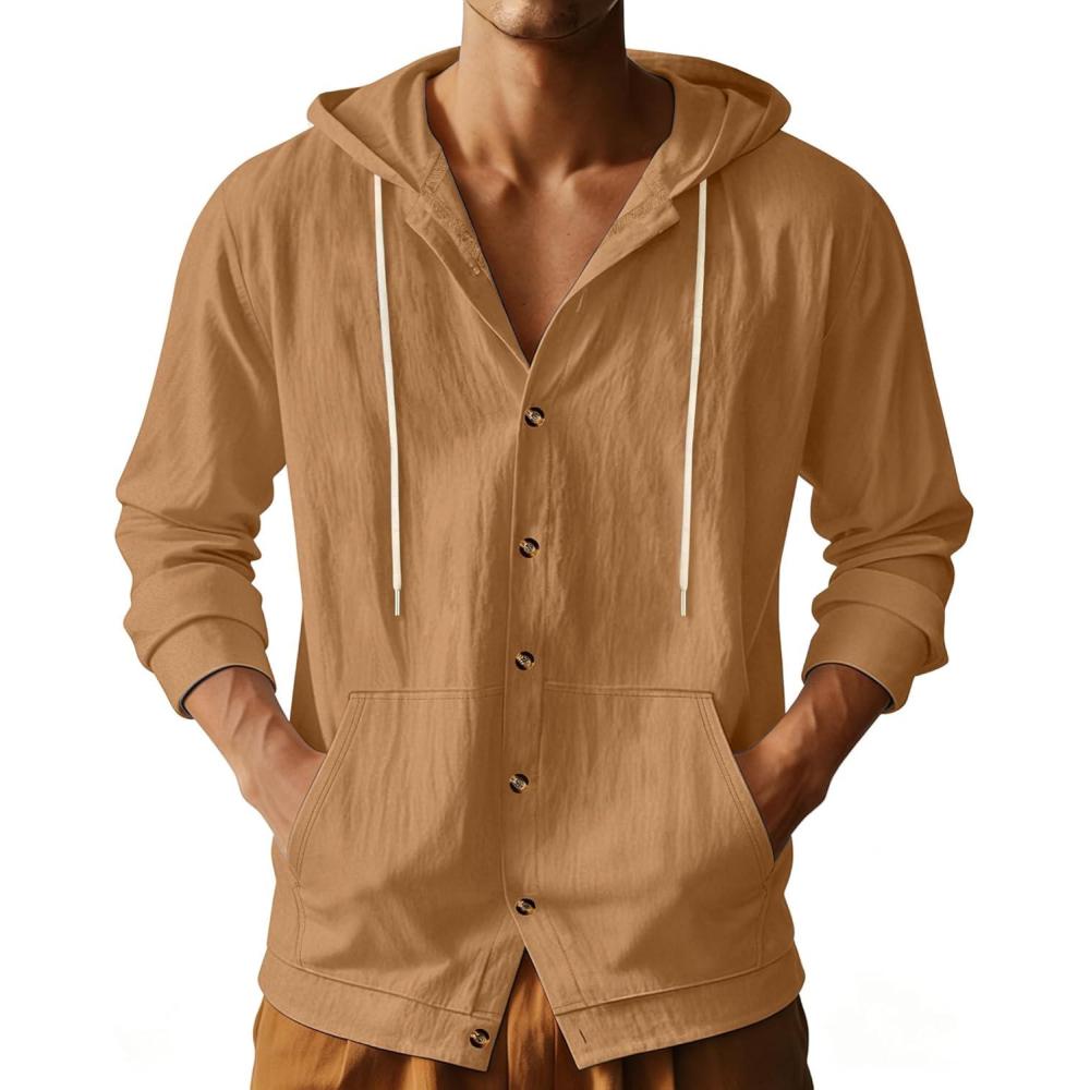 image:imageTAFLE Mens Cotton Linen Long Sleeve Button Down Shirts with Pockets Casual Hawaiian Beach Shirts Lightweight Fashion HoodiesDark Khaki