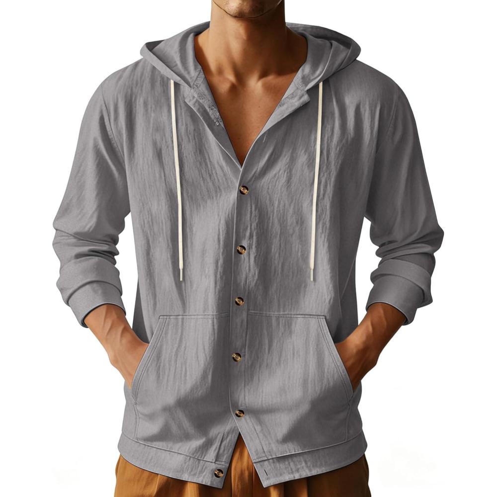 image:imageTAFLE Mens Cotton Linen Long Sleeve Button Down Shirts with Pockets Casual Hawaiian Beach Shirts Lightweight Fashion HoodiesGrey