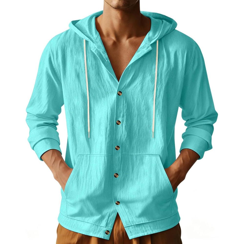 image:imageTAFLE Mens Cotton Linen Long Sleeve Button Down Shirts with Pockets Casual Hawaiian Beach Shirts Lightweight Fashion HoodiesLake Blue