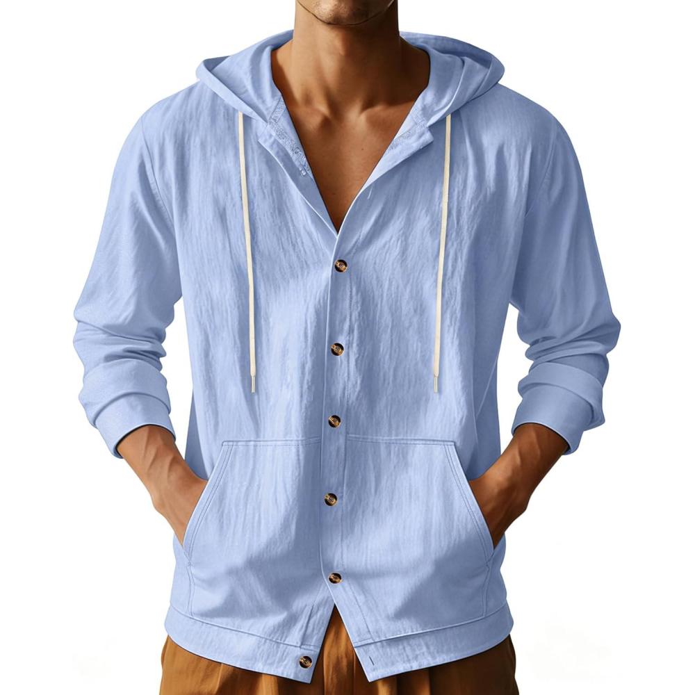 image:imageTAFLE Mens Cotton Linen Long Sleeve Button Down Shirts with Pockets Casual Hawaiian Beach Shirts Lightweight Fashion HoodiesLight Blue