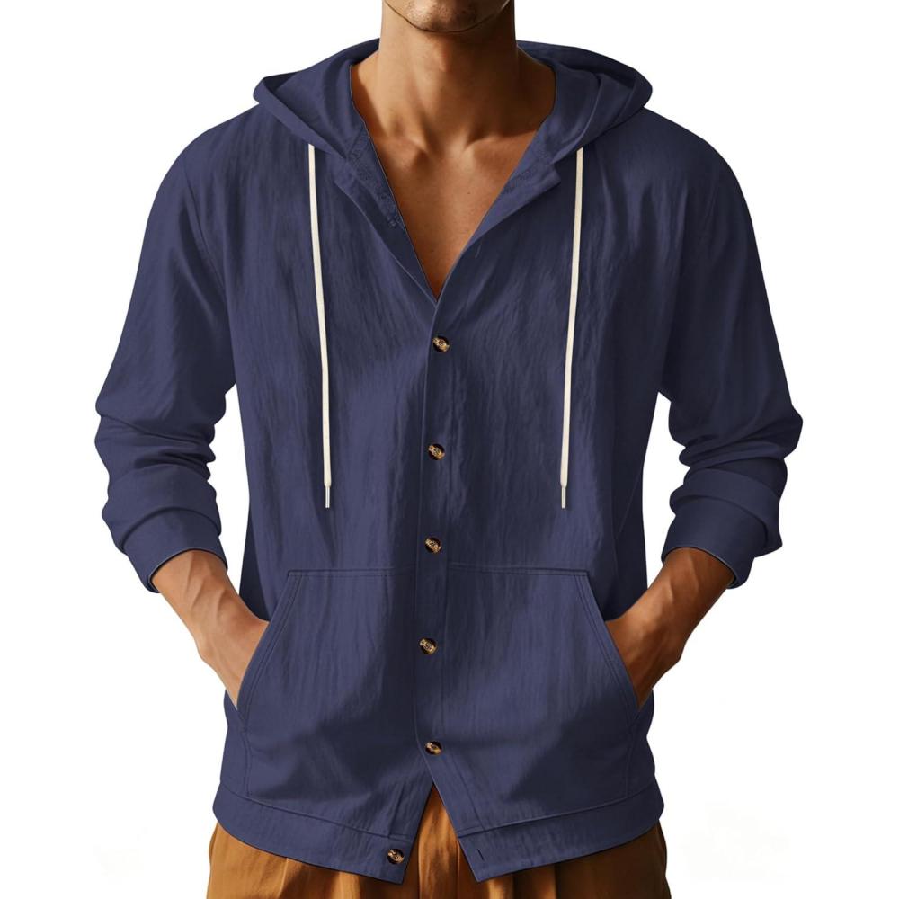 image:imageTAFLE Mens Cotton Linen Long Sleeve Button Down Shirts with Pockets Casual Hawaiian Beach Shirts Lightweight Fashion HoodiesNavy Blue