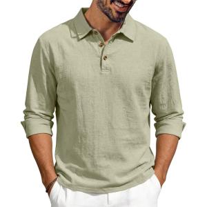 Men’s Linen Polo Shirts Long Sleeve Yoga Tops Casual Summer Hippie Beach T-Shirts(Army Green)