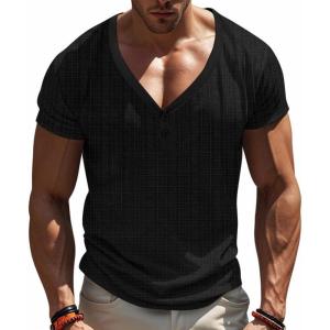 TAFLE Mens Casual Deep V-Neck T-Shirts Henley Shirt Dry Fit Short Sleeve Mens Casual Waffle Textural Summer T-Shirt(Black)