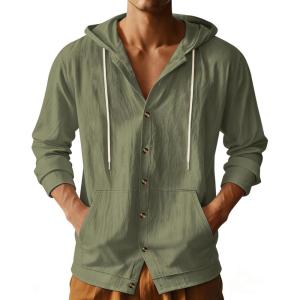 TAFLE Mens Cotton Linen Long Sleeve Button Down Shirts with Pockets Casual Hawaiian Beach Shirts Lightweight Fashion Hoodies(Army Green)