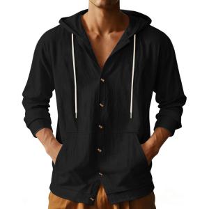TAFLE Mens Cotton Linen Long Sleeve Button Down Shirts with Pockets Casual Hawaiian Beach Shirts Lightweight Fashion Hoodies(Black)