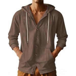 TAFLE Mens Cotton Linen Long Sleeve Button Down Shirts with Pockets Casual Hawaiian Beach Shirts Lightweight Fashion Hoodies(Brown)