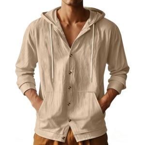 TAFLE Mens Cotton Linen Long Sleeve Button Down Shirts with Pockets Casual Hawaiian Beach Shirts Lightweight Fashion Hoodies(Khaki)