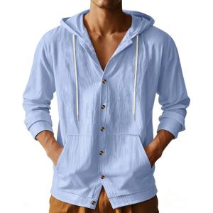 TAFLE Mens Cotton Linen Long Sleeve Button Down Shirts with Pockets Casual Hawaiian Beach Shirts Lightweight Fashion Hoodies(Light Blue)