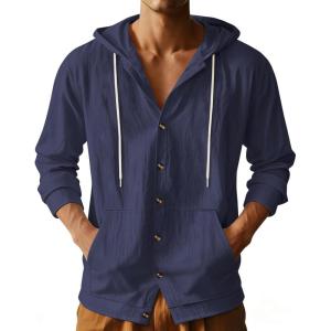 TAFLE Mens Cotton Linen Long Sleeve Button Down Shirts with Pockets Casual Hawaiian Beach Shirts Lightweight Fashion Hoodies(Navy Blue)